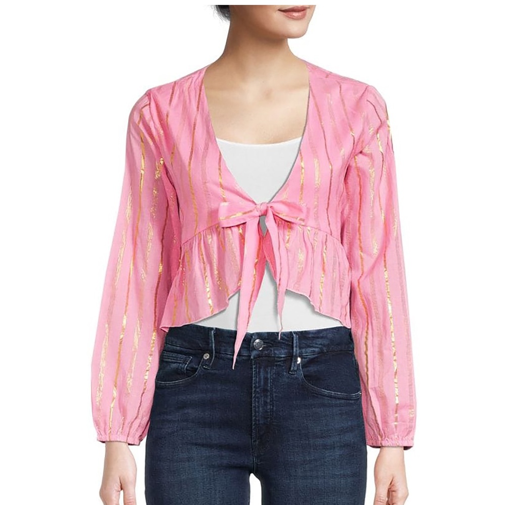 AREA Stars - St Tropez Front Tie Crop Top | Pink & Metallic Stripes | XS | NWT
